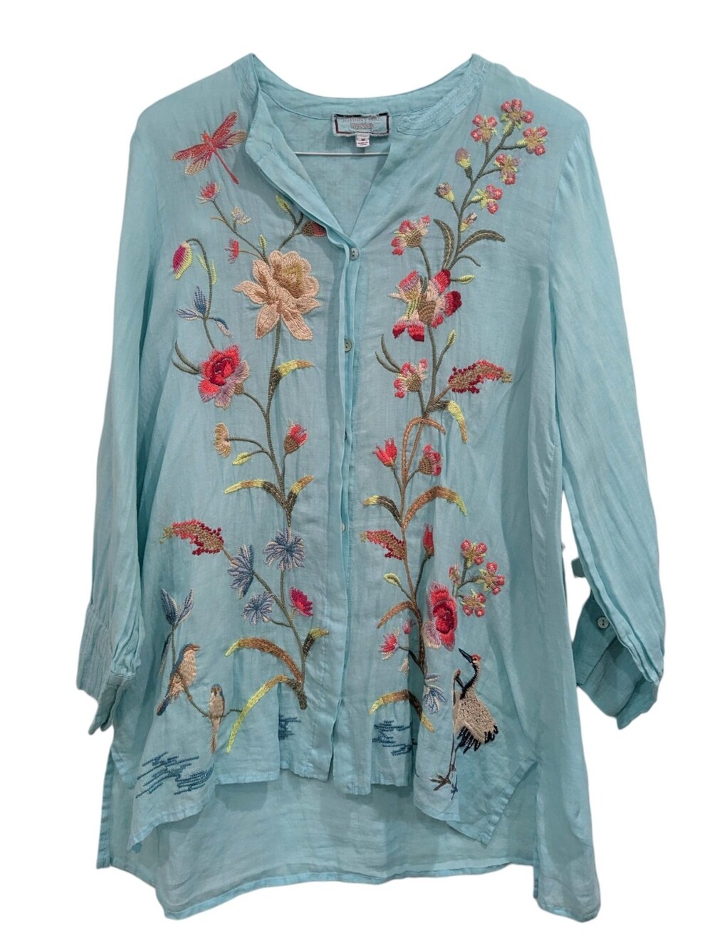 Johnny Was Geniveve Voyager Embroidered Tunic Top Blue V-Neck Long Sleeve Size M - Picture 2 of 7